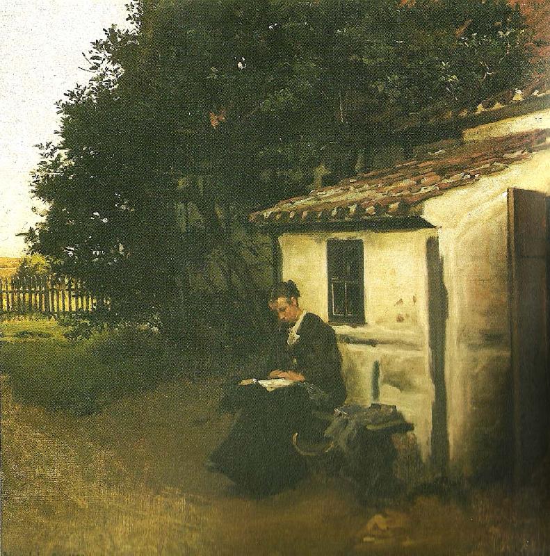 Viggo Johansen kunstnerens hustru udenfor deres bolig i skagen oil painting image